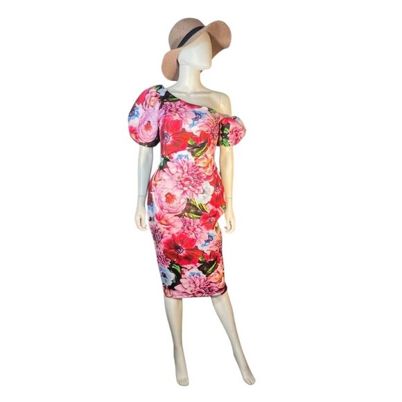 ASOS asymmetrical puff sleeve floral neoprene dress exaggerated hips sz 6 - Picture 2 of 10